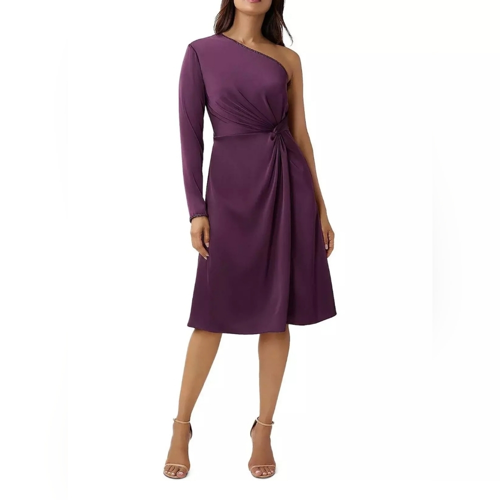 Aidan Mattox One Shoulder Long Sleeve Twist Front Midi Cocktail Purple Dress 4